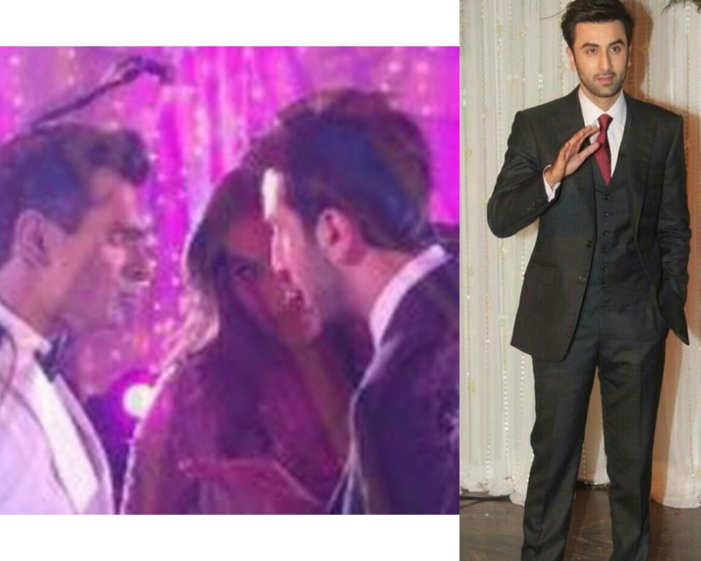 Ranbir Kapoor in deep conversation with the couple at their wedding reception. Wonder what advice he is giving them?